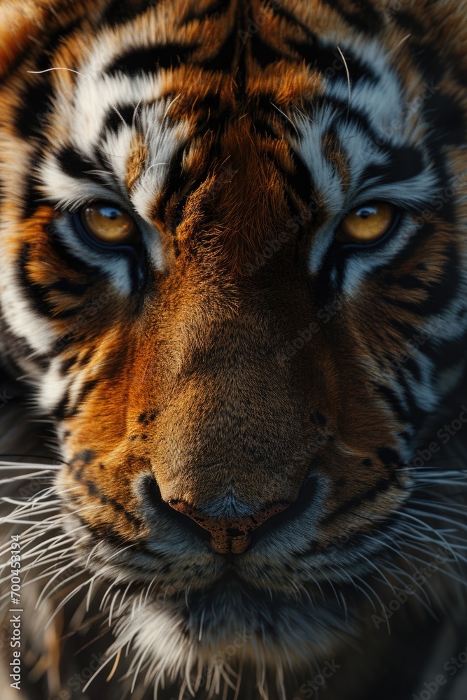 Poster A close-up shot of a tiger's face with a blurry background. This image can be used to depict the power and intensity of the tiger or to convey a sense of danger and wildness.