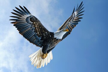 Obraz premium A majestic bald eagle soaring through the clear blue sky. Perfect for nature enthusiasts and wildlife lovers
