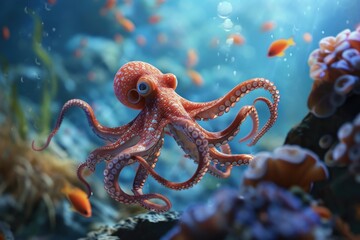Octopus swimming alongside other fish in an aquarium. Suitable for marine life or underwater themed designs