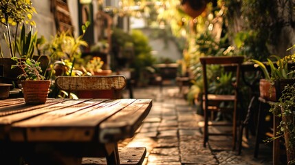 A wooden bench sitting in the middle of a courtyard. Suitable for outdoor seating areas or garden landscapes - obrazy, fototapety, plakaty