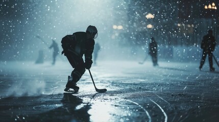 A man is seen playing hockey in the snow. This image can be used to depict winter sports and...