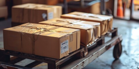 A cart filled with boxes is pictured in a warehouse. This image can be used to represent storage, logistics, or transportation