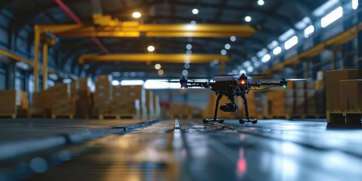 A drone is sitting on the floor of a warehouse. This image can be used to illustrate the use of drones in industrial settings