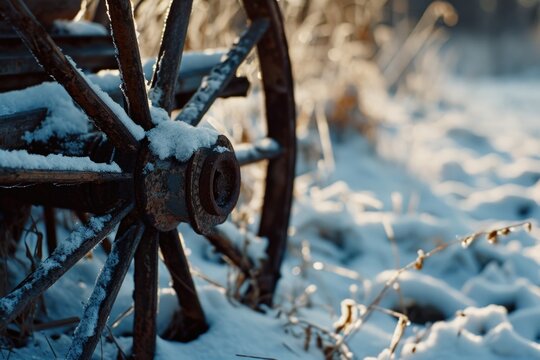 A detailed view of a wheel covered in snow. This image can be used to depict winter, transportation, or outdoor activities