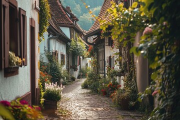 A picturesque view of a narrow cobblestone street adorned with vibrant and beautiful flowers. Perfect for adding a touch of charm and color to any project or design