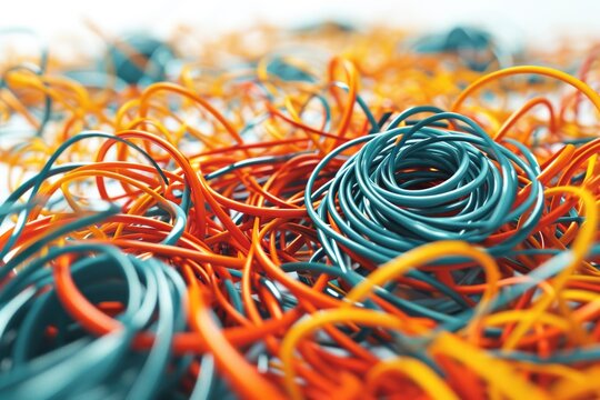 A stack of orange, blue, and green wires. Versatile image for technology, connectivity, and electrical concepts