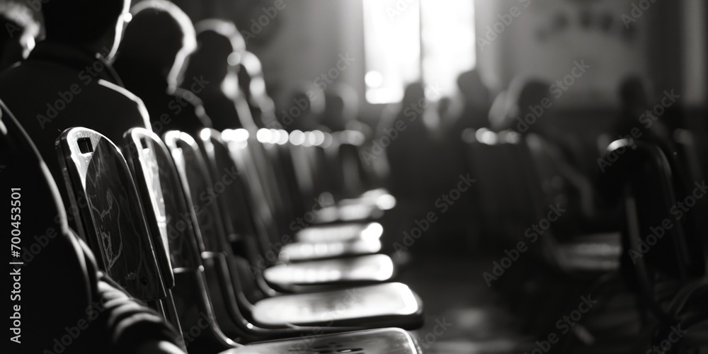 Leinwandbilder a black and white photo showcasing a row of chairs. this versatile image can be used in various sett
