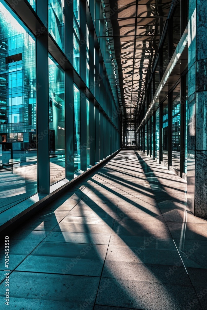 Poster a long hallway with multiple windows, providing ample natural light. suitable for architectural and 