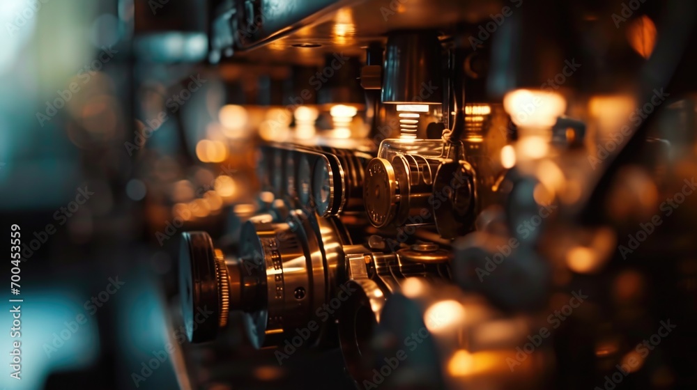 Poster A detailed view of a machine with numerous lights. This image can be used to depict technology, innovation, or futuristic concepts. Ideal for websites, blogs, or presentations