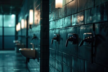 A row of sinks in a public restroom. Suitable for commercial use in advertisements, articles, or blog posts about hygiene, public facilities, or interior design - obrazy, fototapety, plakaty