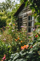 Obraz premium A picturesque wooden building nestled among vibrant flowers and lush trees. Perfect for adding a touch of nature to any project