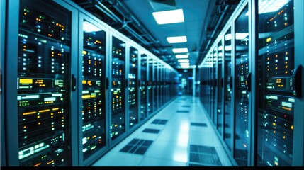 Obraz premium Network server room with fiber optic cables connected to switch technology, Rackmount LED console in server room data center. Generative AI.
