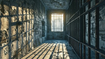A picture of a jail cell with a window and bars. This image can be used to depict the concept of imprisonment or confinement. It can also be used in legal or crime-related contexts