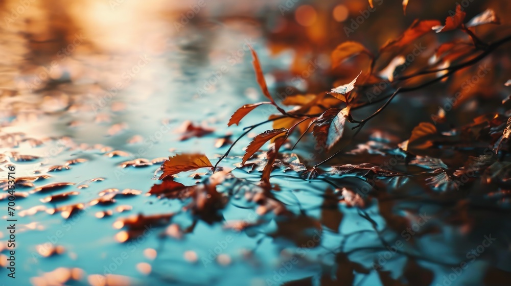 Poster close-up view of leaves on a wet surface. perfect for nature and environmental themes