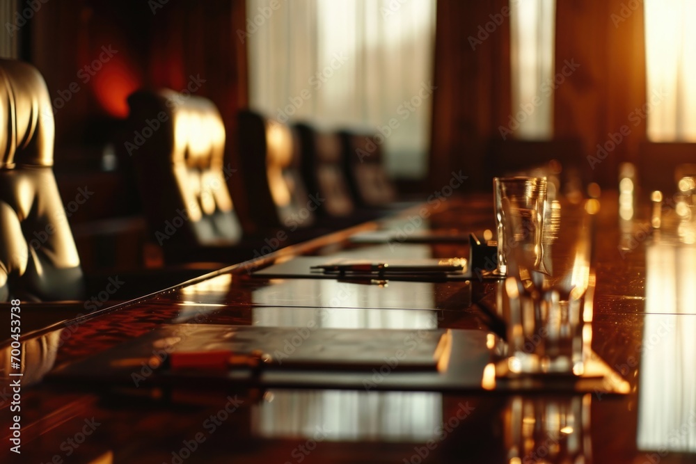 Poster Glasses arranged neatly on a long table in front of a window. Perfect for showcasing a variety of drink options.