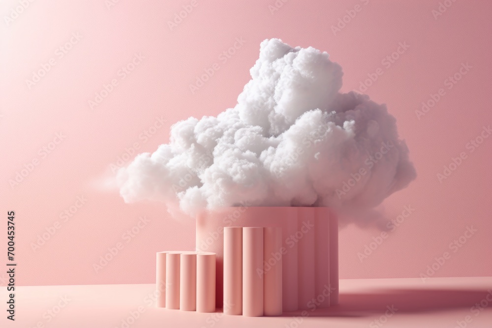 Poster A pink vase with a cloud emerging from it. Can be used to depict imagination, creativity, or unexpected surprises.