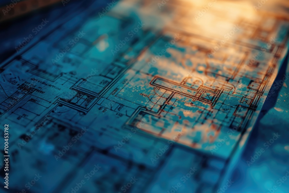 Poster A detailed view of a blueprint laid out on a table. Can be used for architectural or engineering concepts