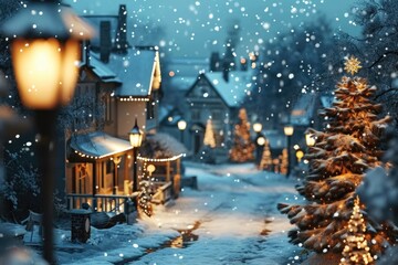 A winter scene of a snowy street with beautifully decorated Christmas trees and festive lights. Perfect for holiday-themed designs and advertisements