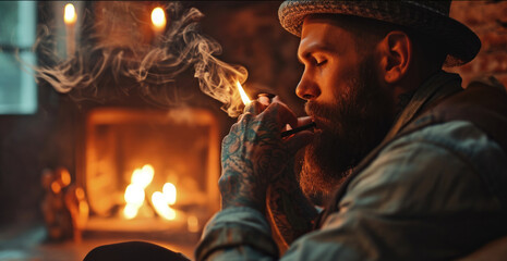 A bearded man is seen smoking a cigarette in front of a cozy fireplace. This image can be used to depict relaxation, solitude, or enjoying a moment of peace