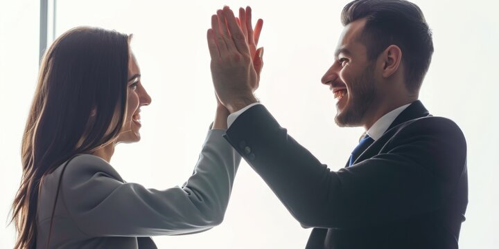 A picture of a man and a woman enthusiastically giving each other a high five. This image can be used to illustrate teamwork, success, celebration, or achievement
