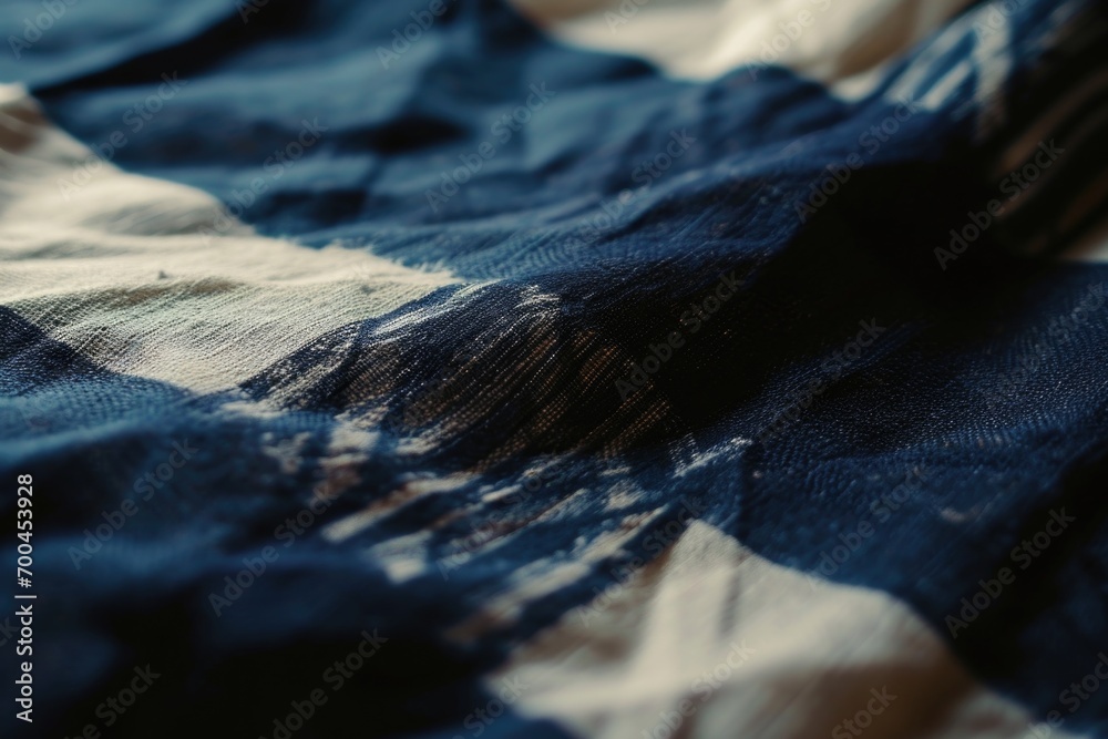 Poster A close-up view of a blue and white blanket. Perfect for adding a touch of color and comfort to any home decor