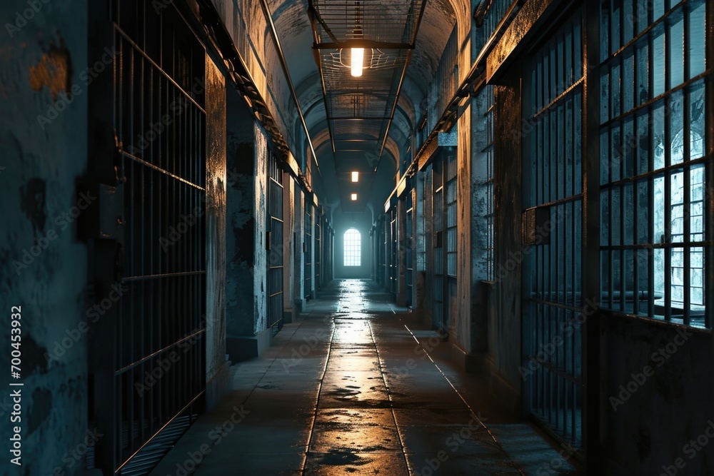 Aufkleber A dimly lit hallway in an old jail cell block. Perfect for adding an eerie atmosphere to any project