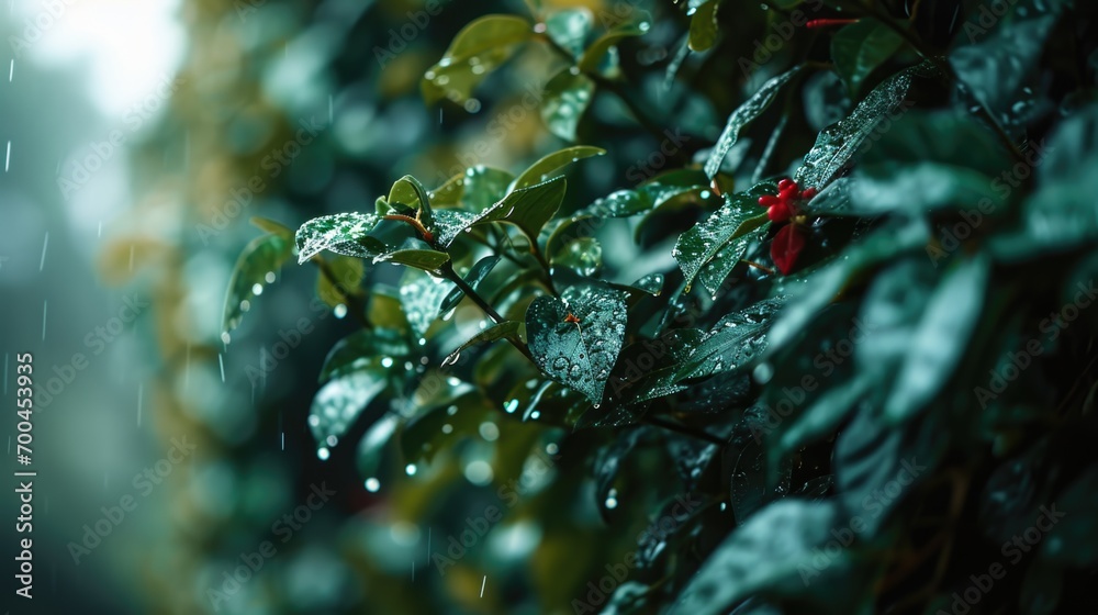 Poster a detailed view of a plant with glistening water droplets. perfect for adding a touch of freshness a