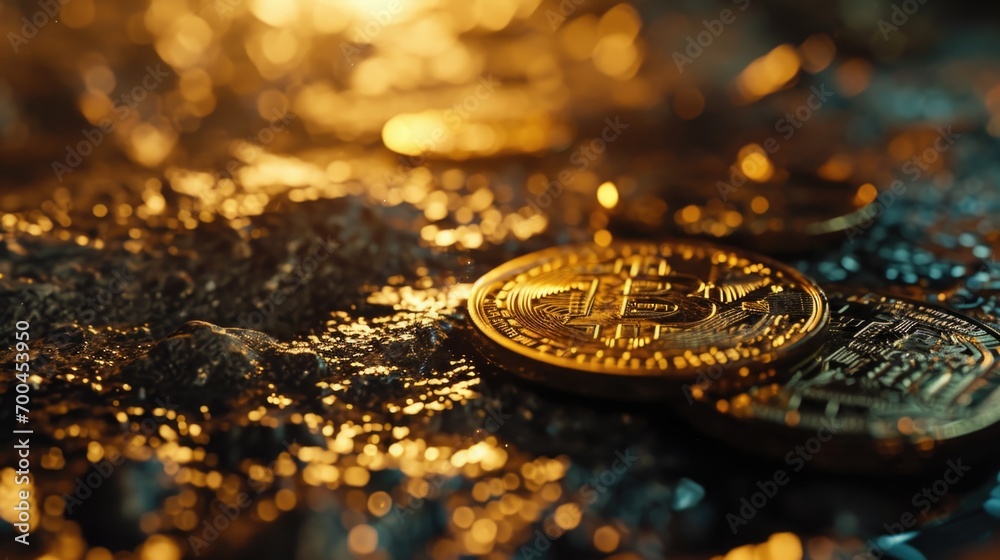 Poster A close-up view of a bitcoin cryptocurrency on a table. This image can be used to illustrate finance, digital currency, or technology-related articles and websites