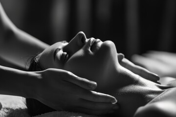 A woman receiving a massage in a black and white photo. This image can be used to promote relaxation and wellness services