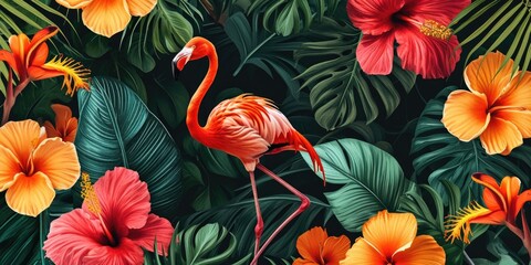 A flamingo standing in the middle of a tropical garden. Perfect for nature-themed designs and advertisements