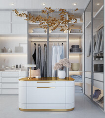 White luxury walk in closet interior with light frome dressing table.3d rendering