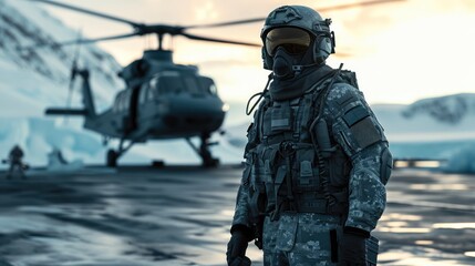 A special officer standing in full grey tactical gear balaclava face mask standing on a helicopter pad. Generative AI. - obrazy, fototapety, plakaty