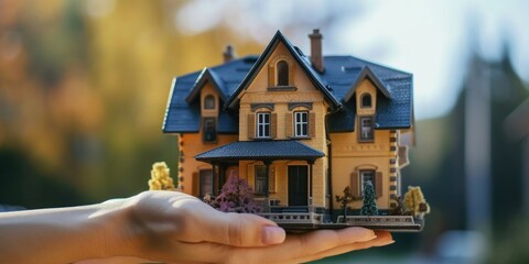 A hand holding a small-scale model of a house. Ideal for real estate, home ownership, and architecture concepts