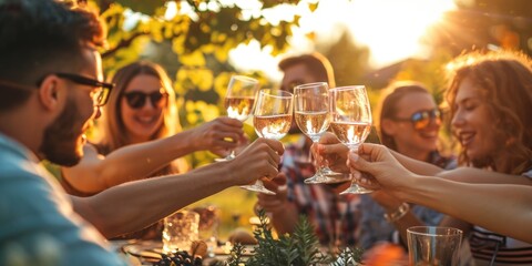 A group of people raising wine glasses in celebration. Perfect for any occasion or festive event - obrazy, fototapety, plakaty