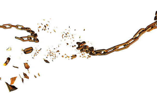chain  golden, breaking,  in front of fire  breaking break chain horizontal silver broken shuttered pieces - 3d rendering 2
