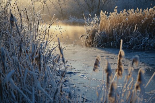 A frozen pond surrounded by tall grass and trees. Ideal for winter landscapes and nature scenes