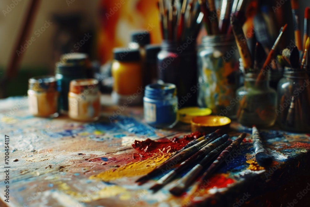 Poster a table filled with various paint colors and an assortment of brushes. perfect for artists and paint