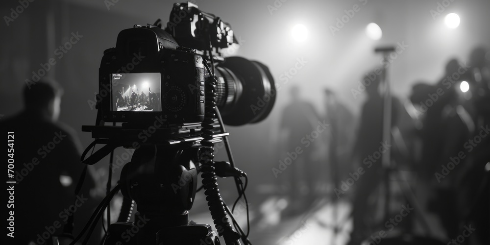 Poster a black and white photo of a video camera. suitable for use in a variety of projects