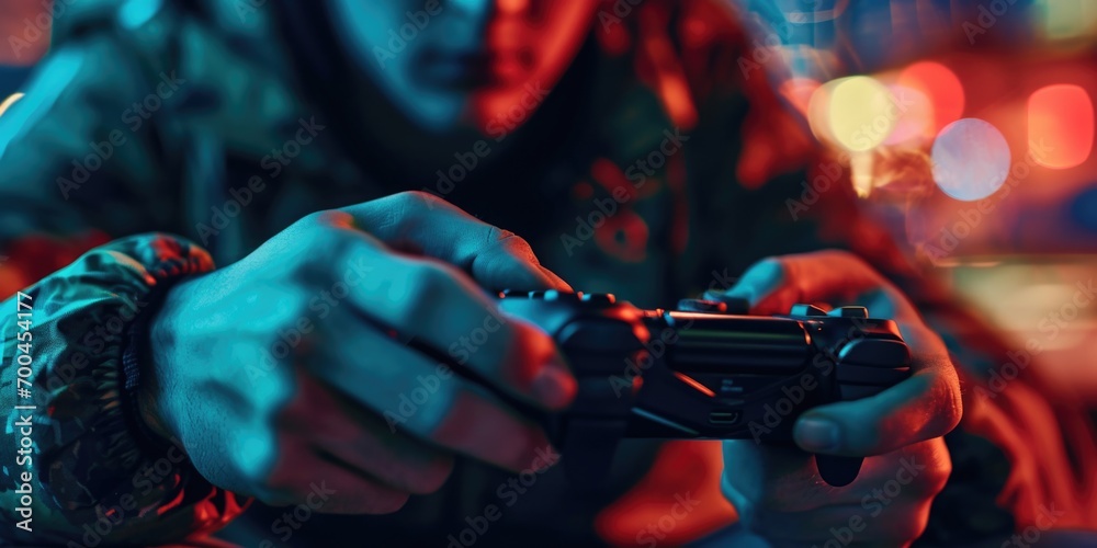 Poster A close-up view of someone's hand holding a video game controller. This image can be used to depict gaming, entertainment, technology, or leisure activities