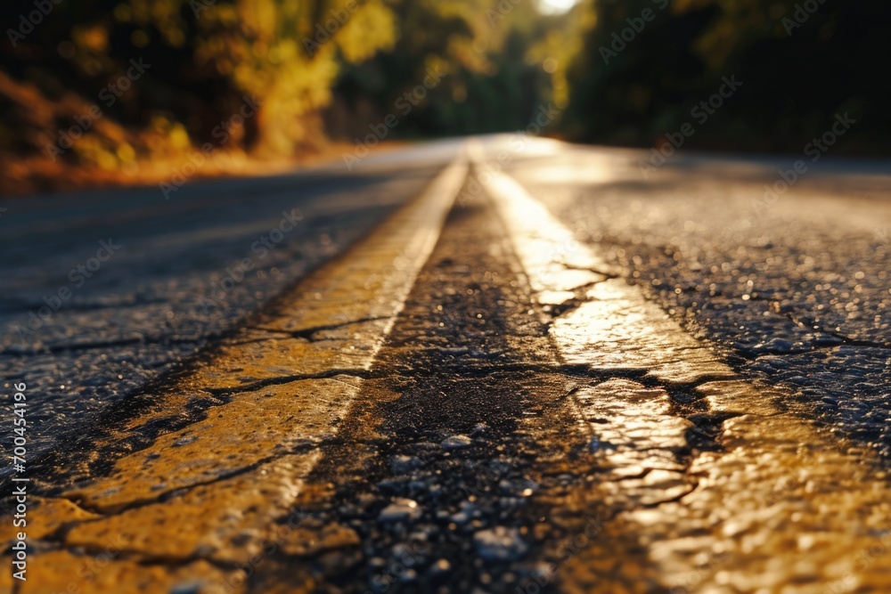 Poster a picture of a wet road with a clearly visible center line. suitable for illustrating road safety or