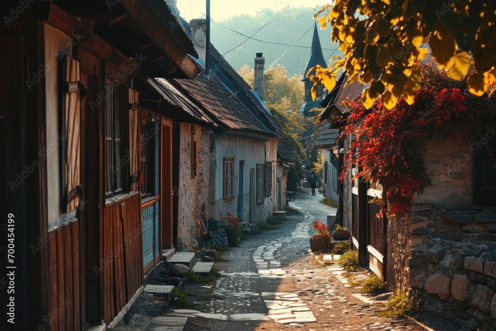 Poster a picturesque view of a narrow cobblestone street flanked by charming old buildings. perfect for cap
