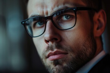 A detailed shot of a man wearing glasses. This image can be used in various contexts