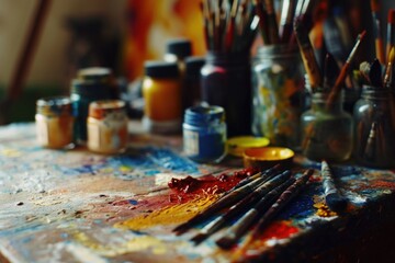A table filled with various paint colors and an assortment of brushes. Perfect for artists and painters looking for inspiration