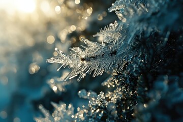 A detailed view of ice crystals forming on the branches of a tree. This image captures the beauty and intricacy of nature's winter art. Perfect for winter-themed designs and illustrations - Powered by Adobe