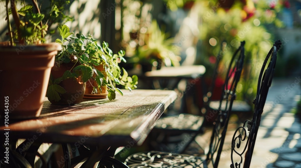 Poster a wooden table with various potted plants. perfect for adding a touch of nature to any space