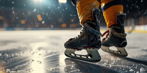Close up of ice skates on an ice rink. Perfect for winter sports or ice skating-themed designs