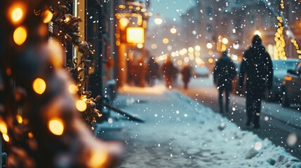 A person is seen walking down a sidewalk covered in snow. This image can be used to depict winter scenes or snowy landscapes