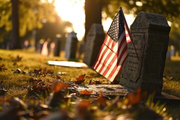 American flag laid on top of a grave, a symbol of honor and remembrance. Suitable for patriotic...