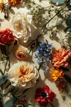 A bunch of flowers sitting on a table. Suitable for home decor or floral arrangements