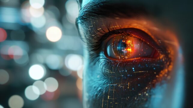 A detailed close-up of a person's eye with captivating lights in the background. Ideal for various uses - Powered by Adobe